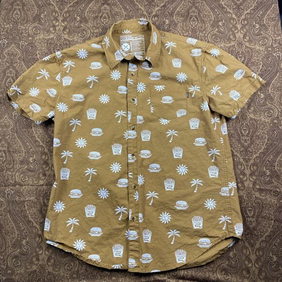 Pyknic Hawaiian Shirt Mens L Green Burger Fries Palm Tree AOP "Take it Greasy" - Picture 2 of 8